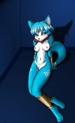 anthro barefoot bindi black_nose blue_fur blue_hair blush breasts claws closed_mouth color female female_only fox front_view fur furry furry_breasts furry_ears furry_tail green_eyes hair indoors jewelry krystal looking_left nipples nude open_eyes pointy_ears short_hair sitting solo star_fox tail white_fur