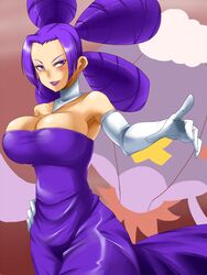 artist_request breasts clothes color fantina_(pokemon) female female_only hair human human_only large_breasts latex lipstick melissa_(pokemon) nintendo png pokemon pokemon_dppt purple_hair purple_lips purple_lipstick round_ears solo