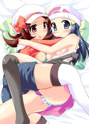 2girls :p ass blue_eyes blue_hair blush breasts brown_eyes brown_hair dawn_(pokemon) embrace female female_only hat hat_ribbon highres hug human kneehighs lyra_(pokemon) multiple_females nagatu_usagi nintendo nipples no_shoes panties pokemon red_ribbon ribbon skirt striped striped_panties sweat thighhighs tongue underwear upskirt yuri