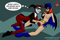 2girls barbara_gordon batgirl batman:_the_animated_series batman_(series) big_breasts breasts dc dc_comics dcau dialogue female female_only fingering harley_quinn harley_quinn_(classic) multiple_girls naked_female nipples red_hair red_scorpion thought_bubble yuri