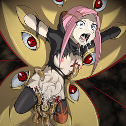 anemone_(eureka_seven) blue_eyes bodysuit breasts clothing cockpit constricted_pupils cum cum_in_mouth cum_inside cum_on_face cum_on_tongue cum_string cum_trail eureka_seven eureka_seven_(series) facial intestine_bulge nipples no_bra open_mouth pain pink_hair rape red_eyes restrained saliva screaming shrunk_pupils stomach_bulge tear tentacle theend tongue torn_clothes