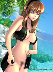 breasts brown_hair dead_or_alive dutch_angle female female_only grey_eyes hairband hitomi_(doa) human long_hair looking_at_viewer navel nipples octopi outdoors parted_lips pubic_hair pussy smile solo swimsuit swimsuit_removed tecmo water