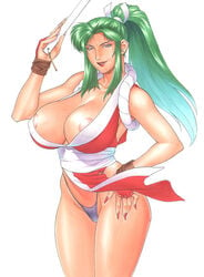 1990s 1998 1girls 20th_century breasts cima_garahau cleavage cosplay curvaceous fan female female_only green_hair gundam gundam_0083 human king_of_fighters kunoichi large_breasts light-skinned_female light_skin long_hair mai_shiranui mai_shiranui_(cosplay) mature mature_woman motchie_kingdom panties pelvic_curtain ponytail sash side_slit solo solo_female villainess wide_hips