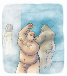 2007 anthro ass balls bathing black_nose blush brown_body brown_fur caesarcub felid fur furry genitals group humanoid_genitalia humanoid_hands humanoid_penis lion male male_only mammal overweight overweight_male pantherine penis story story_in_description suid suina sus_(pig) ursid wet wild_boar