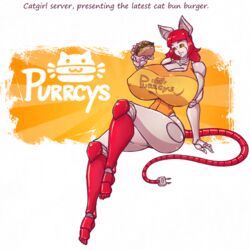 1girls 2021 android black_sclera breasts burger cat_ears catgirl cleavage color electrical_plug_tail female huge_breasts logo looking_at_viewer n647 nipple_bulge original_character pinup purrcys request robot robot_girl solo tail thick_thighs thin_waist voluptuous waitress wasp_waist wide_hips yellow_eyes