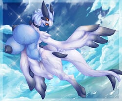 absurd_res anthro anthrofied artist-apprentice587 bedroom_eyes big_breasts blue_hair blush bodily_fluids breasts curvy_figure eyelashes female flying genital_fluids genitals hair hi_res huge_breasts legendary_pokémon lugia mature_anthro mature_female narrowed_eyes nintendo nipples non-mammal_breasts nude pokemon pokemon_(species) pussy pussy_juice seductive sky smile solo video_games voluptuous wet winged_arms wings