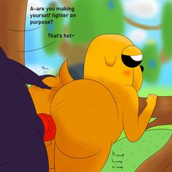 adventure_time anal anal_sex ass ass_grab ass_shake backsack balls ballsack bent_over big_ass big_butt blush butt_grab cartoon_network colossalstars domestic_dog duo furry gay jake_the_dog looking_back male male/male onomatopoeia penis penis_in_ass pounding tail trees why_wolves wood_grab