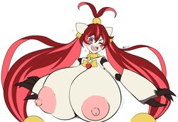 1girls autoscorer big_breasts bust doll doll_girl doll_joints erect_nipples huge_breasts hyper_breasts mergeritter micha_jawkan nipples one_eye_closed pink_and_red pink_hair pink_nipples red_and_pink red_eyes red_hair senki_zesshou_symphogear sharp_teeth twintails two_tone_hair winking