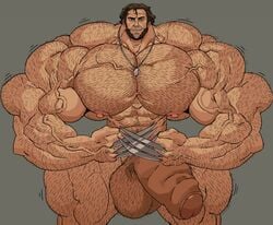 1boy balls bara claws dog_tag flaccid hairy human hunk hyper male male_only marvel marvel_comics muscle_growth nude penis remert solo solo_male wolverine_(x-men) x-men yaoi