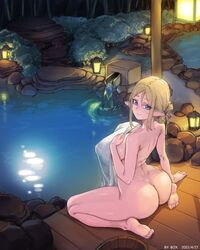 1girls ass bangs barefoot bath bathing blue_eyes box20502017 breasts bucket closed_mouth covered_nipples covering elf holding holding_towel huge_breasts lantern mole mole_under_mouth naked_towel nude nude_cover onsen original pointy_ears rock see-through sitting smile tied_hair towel water water_spring white_towel wooden_bucket wooden_floor xiangzi_box