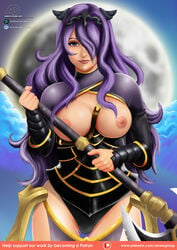 1girls areolae arrowdark axe bare_thighs big_breasts black_panties breasts camilla_(fire_emblem) female female_only fire_emblem fire_emblem_fates hair_over_one_eye large_breasts long_hair looking_at_viewer nipples panties purple_eyes purple_hair solo