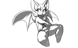 anthro blush breasts chiropteran covering eyelashes female hair half-closed_eyes ken17 lips monochrome nipples nude pussy rouge_the_bat sitting solo sonic_(series) wings