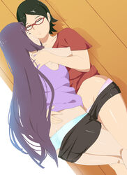 2girls against_wall ass ass_cleavage bike_shorts black_hair booty_shorts boruto:_naruto_next_generations butt butt_crack closed_eyes clothed clothing cuddling embrace female female_focus female_only fully_clothed glasses green_panties hugging kakei_sumire legs lesbian lickliking long_hair naruto naruto_(series) outside pale-skinned_female pale_skin panties panties_down pink_panties purple_hair sarada_uchiha shirt short_hair short_shorts shorts shorts_down shoulder_length_hair shounen_jump smile standing t-shirt tank_top teenager thighs undressing voluptuous yuri