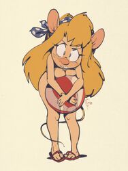 1girls anthro beach_ball blonde_hair breasts chip_'n_dale_rescue_rangers covering disney edtropolis embarrassed embarrassed_nude_female enf gadget_hackwrench mouse_girl naked nude solo topless