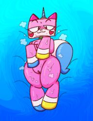 2020 anthro arms_together bed blush bodily_fluids domestic_cat felid feline felis female furniture genitals lego lying lying_on_bed mammal on_bed pussy qoolguyart solo steam sweat the_lego_movie thick_thighs unikitty wide_hips