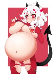 1girls areolae breasts erect_nipples female female_only heart-shaped_pupils helltaker huge_belly huge_breasts hyper_belly hyper_pregnancy large_breasts modeus_(helltaker) nipples partially_clothed pregnant rabidbunny ready_to_pop solo solo_female