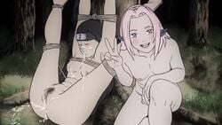 2girls after_oral after_sex after_vaginal against_tree black_hair bondage cum_in_pussy cum_inside exhausted female female_only femsub forest kin_tsuchi legs_up looking_at_viewer multiple_girls naruto naruto_(classic) naruto_(series) outdoors pink_hair sakura_haruno smile temon tied_up