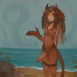 1:1 1futa balls bangs beach big_penis bikini black_hair breasts circle_eyebrows clothed clothing demon demon_girl eyebrows foreskin futa_only futanari genitals hair half-erect humanoid humanoid_penis intersex long_hair mostly_nude nails not_furry penis red_body red_skin sand sea seaside sharp_nails small_breasts solo standing swimsuit_down swimwear syvaron tentacle water