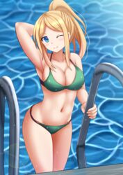 1girls belly_button bikini blonde_hair blue_eyes breasts female female_only getting_out_of_pool green_bikini harukana_receive kazenokaze large_breasts looking_at_viewer only_female ponytail solo swimming_pool swimsuit thomas_claire water