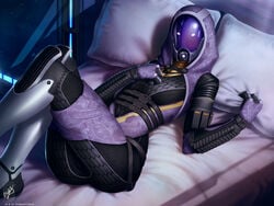 1girls alternate_version_available ass bed bedroom bodysuit breasts clutching_pillow clutching_sheets female fully_clothed girl grabbing_sheets grabbing_window helmet high_tech high_tech_mask hood hooded large_ass laying_down laying_on_bed looking_at_viewer mask masked mass_effect medium_breasts metal_mask purple_and_black quarian skintight_bodysuit solo_female tali'zorah_nar_rayya themaestronoob thighs wide_hips window