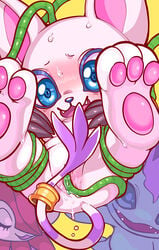 absurd_res anthro blue_eyes blush bodily_fluids claws digimon digimon_(species) domestic_cat fangs felid feline felis female floramon flower_on_head fur gatomon genital_fluids genitals green_body green_skin hi_res legs_up mammal open_mouth palmon pawpads penetration plant pussy pussy_juice restrained ring simple_background solo striped_tail stripes tentacle tentacle_penetration tentacle_sex uyu vaginal_penetration vaginal_penetration white_body white_fur yellow_background