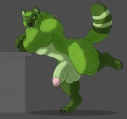 anthro balls bara big_balls big_penis black_nose canid canine claws colored erection fluffy fluffy_tail fur genitals green_body green_eyes green_fur green_tail huge_balls huge_cock humanoid_genitalia humanoid_penis looking_at_viewer male mammal multicolored_body muscular muscular_anthro muscular_male one_leg_up penis raccoon_dog raised_leg shaded short_ears signature simple_background smile solo standing tanuki wolfarion