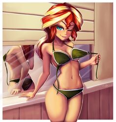 abs absurd_res bikini clothes equestria_girls friendship_is_magic green_bikini green_bra green_panties high_resolution highres long_hair looking_at_viewer mirror my_little_pony stripping sunset_shimmer the-park wink winking winking_at_viewer