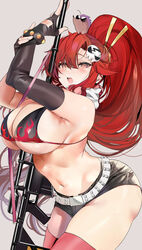 1girls 2022 anti-materiel_rifle asymmetrical_gloves bangs bare_shoulders belt big_breasts bikini bikini_top black_gloves black_shorts blush boota breasts bulging_breasts cleavage curvaceous curvy_body curvy_female curvy_figure elbow_gloves female fingerless_gloves gloves gun highres large_breasts looking_at_viewer marushin_(denwa0214) navel no_eyewear open_mouth orange_eyes pink_legwear ponytail red_hair redhead rifle scarf seductive_look short_shorts shorts sidelocks sniper_rifle swimsuit tengen_toppa_gurren-lagann tengen_toppa_gurren_lagann thighhighs thighs voluptuous_female weapon yoko_littner