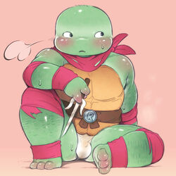 2021 anthro blush bodily_fluids bulge clothing green_body kdmn male overweight overweight_anthro overweight_male reptile scalie simple_background sitting solo sweat teenage_mutant_ninja_turtles turtle underwear young