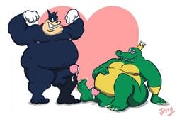 <3_eyes anthro balls belly bodily_fluids crossover cum disney donkey_kong_(series) duo erection fat feet felid feline gay genital_fluids genitals goof_troop heart humanoid_genitalia humanoid_penis jerryhugs k_rool kremling male male/male male_only mammal nintendo obese obese_male overweight overweight_anthro overweight_male penis peter_pete_sr. scalie video_games yaoi