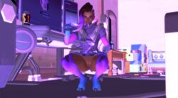 1girls 3d blizzard_entertainment boop dark-skinned_female dark_skin female female_only g4ill4rd latina no_panties overwatch pointing presenting pussy smirk solo sombra spreading squatting thick_thighs thighs upskirt