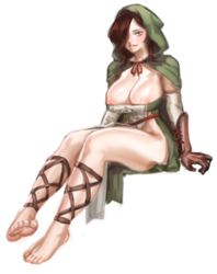 1girls artist_request barefoot breasts breasts_out brown_eyes brown_hair cape dark_souls dark_souls_2 digital_media_(artwork) emerald_herald feet female fromsoftware full_body legs simple_background sitting solo thighs toes