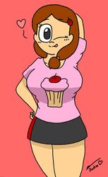 adorable alternate_version_available big_breasts black_skirt braided_hair brown_hair cupcake curvy curvy_body cute eli_(writers_crusaders) miniskirt pink_clothing simple_background skirt solo_female thick_thighs thighs tongue_out wcjuan wink writers_crusaders