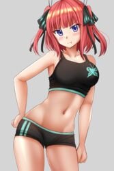 1girls angry belly_button bike_shorts blue_eyes breasts female female_only go-toubun_no_hanayome kazenokaze nakano_nino red_hair solo solo_female sports_bra sportswear