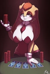 2:3 anthro areola areola_slip big_breasts blush breasts bunny_costume card card_game cleavage clothed clothing costume digital_media_(artwork) female fur furniture gaming hair hi_res huge_breasts humanoid lagomorph legwear leporid looking_at_viewer mammal necktie poker poker_chip rabbit simple_background smile solo sonic_(series) sonic_the_hedgehog_(series) sruto stockings table thick_thighs vanilla_the_rabbit video_games white_body white_fur wide_hips