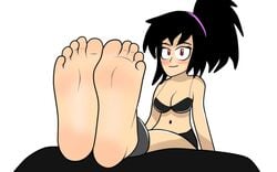 1girls big_feet black_hair dragon_ball dragon_ball_oc dragon_ball_super dragon_ball_z feet female foot_fetish hairtie looking_at_viewer luna_(oc) oc original_character ponytail red_eyes saiyan saiyan_oc smiling soles toes