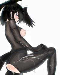 adjusting_clothes after_sex ass bangs bird_tail black_hair blue_eyes blush bodystocking bodysuit breasts cum cum_on_body cum_on_clothes eyebrows_visible_through_hair female from_side half-closed_eye head_wings highres jungle_crow_(kemono_friends) kemono_friends knee_up licking_lips long_sleeves looking_at_viewer medium_breasts medium_hair nipples one_breast_out panties see-through shibori_kasu sidelocks simple_background sleeveless solo tail tail_through_clothes tongue tongue_out torn_bodystocking torn_clothes underwear white_background