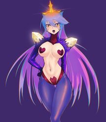 1girls alternate_version_available ark_line_(artist) blue_hair crystal gijinka godzilla_(series) horn kaiju kaiju_girl large_breasts long_hair monster monster_girl multicolored_hair orange_eyes pasties purple_hair reverse_bunnysuit space_godzilla thick_thighs toho