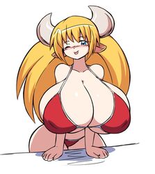 1girls big_breasts bikini blue_eyes blush breasts collarbone cow_ears cow_girl cow_horns eyebrows_visible_through_hair female female_only huge_breasts long_hair looking_at_viewer naughty_face original original_character paulgq red_bikini smile solo solo_female tagme tongue tongue_out white_background wide_hips wink yellow_hair