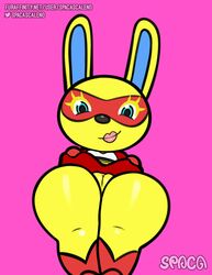 absurd_res accessory animal_crossing anthro clothed clothing clothing_lift female genitals hi_res lagomorph leporid lipstick looking_at_viewer looking_down makeup mammal mask mira_(animal_crossing) nintendo pussy rabbit simple_background solo spaca video_games