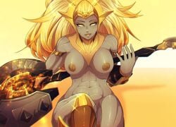 abs absurd_res absurdres armor breasts dota dota_2 female glowing glowing_eyes glowing_hair gold gold_eyes gold_hair hi_res highres muscles muscular_female nipples riko_(artist) smile thick_thighs thighs valora_the_dawnbreaker weapon