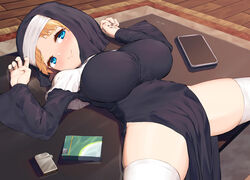 black_dress blonde_hair blue_eyes blush breasts desk dress female habit huge_breasts looking_at_viewer lying nopan nun on_back on_desk original sakimori_dan shiny shiny_hair shiny_skin short_hair smile solo spread_legs thighhighs white_legwear