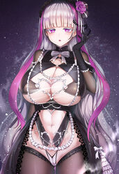 1girls absurdres bangs bindong blush bodysuit cameltoe cleavage cleavage_cutout eternity_(last_origin) female female_only gloves gothic hairband highres huge_breasts last_origin light-skinned_female light_skin long_hair looking_at_viewer multicolored_hair navel purple_eyes silver_hair solo thighhighs wide_hips