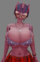 3d_(artwork) anthro anthrofied big_breasts bottomwear bra breasts cleavage clothed clothing digital_media_(artwork) equid equine essentiallypony eyewear female friendship_is_magic glasses hasbro hi_res horn huge_breasts mammal moreuselesssource my_little_pony sci-twi skirt solo twilight_sparkle_(mlp) underwear unicorn