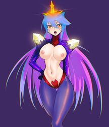 1girls alternate_version_available ark_line_(artist) blue_hair crystal exposed_nipples gijinka godzilla_(series) horn kaiju kaiju_girl large_breasts long_hair monster monster_girl multicolored_hair nipples orange_eyes purple_hair reverse_bunnysuit space_godzilla thick_thighs toho