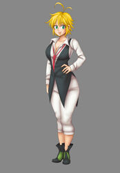 1girls ahoge big_breasts black_shoes black_vest blonde_hair cleavage collarbone collared_shirt exposed_breasts eyebrows_visible_through_hair female female_meliodas female_only genderswap genderswap_(mtf) green_eyes grey_background hand_on_hip looking_at_viewer loose_necktie meliodas nanatsu_no_taizai pale-skinned_female pale_skin rule_63 shading simple_background sleeves_rolled_up smile smiling thick_thighs white_pants white_sclera white_shirt