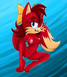 anthro archie_comics blue_eyes blue_scales bow canid canine canis chinry female fiona_fox fox half-closed_eyes licking licking_lips navel navel_piercing nipples piercing pink_nipples pussy pussy_piercing red_body red_hair sitting smile sonic_(series) sonic_the_hedgehog_(archie) sonic_the_hedgehog_(comics) tongue