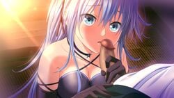 1boy awata_izuna bangs black_gloves blue_eyes blue_hair blush breasts censored choker cleavage collarbone criss-cross_halter elbow_gloves eyebrows_visible_through_hair female game_cg gloves hair_between_eyes halterneck highres imminent_fellatio kyokugen_chikan_tokuiten_(series) kyokugen_chikan_tokuiten_2 long_hair m&m_(mickey_and_mackey) medium_breasts mosaic_censoring official_art open_mouth penis purple_choker star_(symbol) star_choker straight upper_body very_long_hair