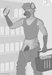 anthro athletic athletic_male beverage_can clothed clothing erection ez fur genitals greyscale hair hyaenid lost_clothes male male_only mammal monochrome pants_down partially_clothed penis public shirt shopping solo spots spotted_body spotted_fur spotted_hyena store tank_top topwear wardrobe_malfunction