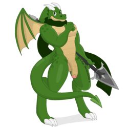 anthro balls casual_nudity claws clothing dragon foreskin genitals horn humanoid_genitalia humanoid_penis male mammal melee_weapon mostly_nude muscular notkastar nude original_character pecs penis polearm scalie scarf scarf_only solo spear spines uncircumcised uncut weapon wings
